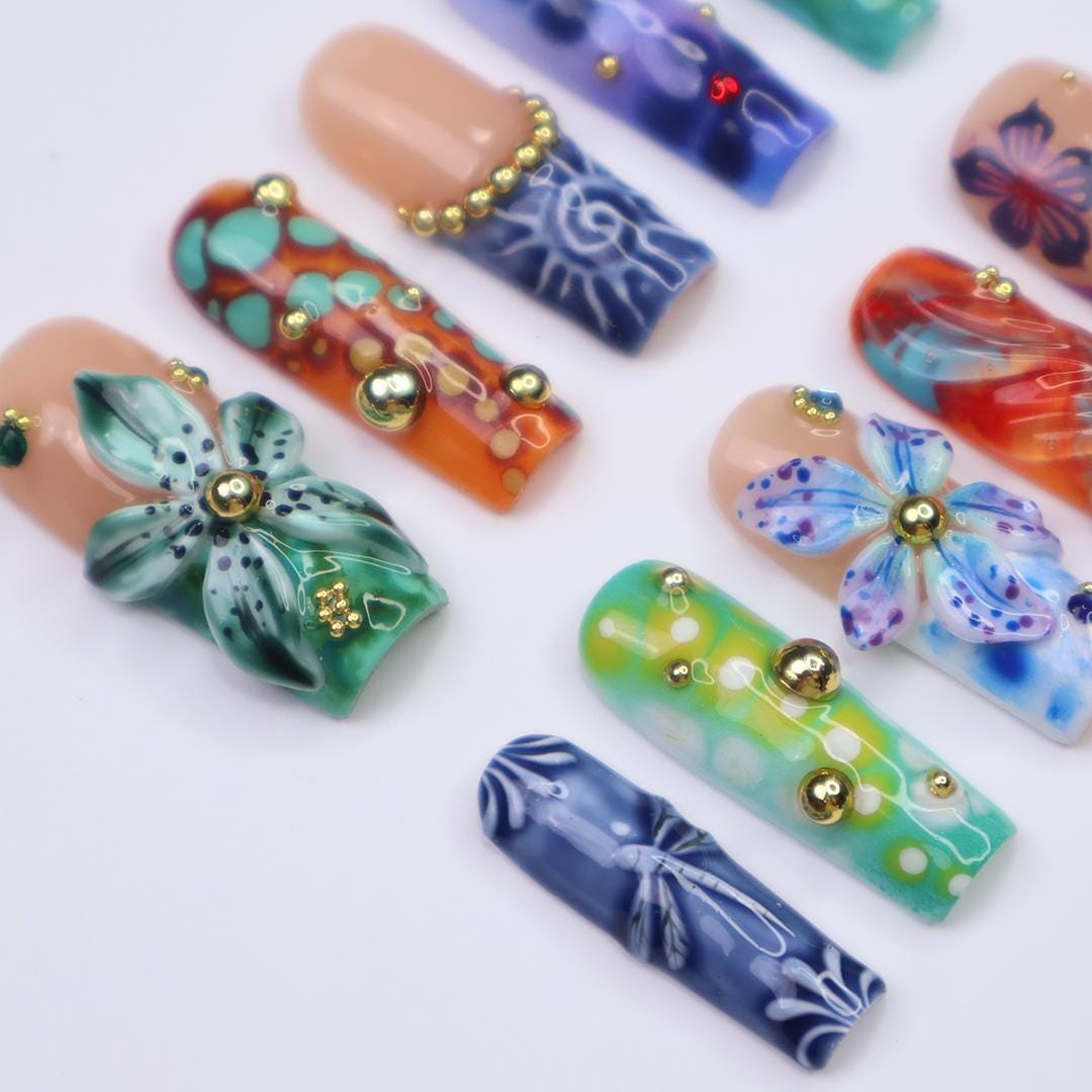 Summer Press on Nails with Abstract Print in Long Square, 3D Midnight Blue Fake Nail Art, Handmade Press-0ns for Holiday, Vacation, Birthday
