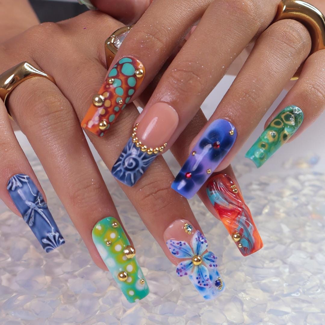 Summer Press on Nails with Abstract Print in Long Square, 3D Midnight Blue Fake Nail Art, Handmade Press-0ns for Holiday, Vacation, Birthday