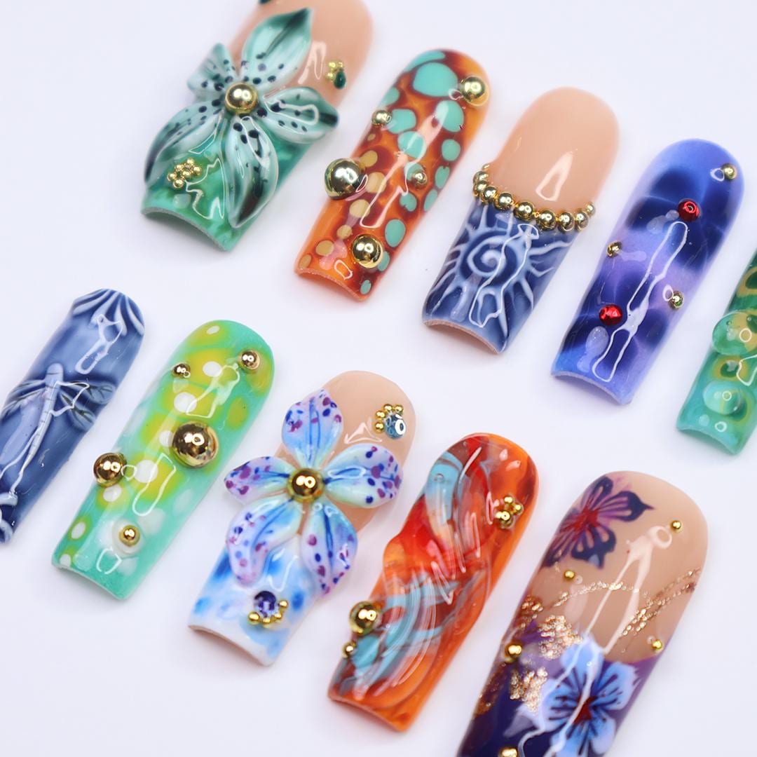 Summer Press on Nails with Abstract Print in Long Square, 3D Midnight Blue Fake Nail Art, Handmade Press-0ns for Holiday, Vacation, Birthday