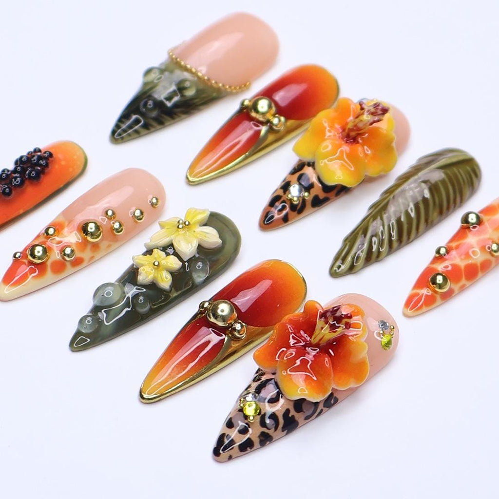Summer Press on Nail with Papaya & Leopard Animal Print | Long Almond 3D Hibiscus Fake Nail | Handmade Summer Nail for Holiday, Vacation