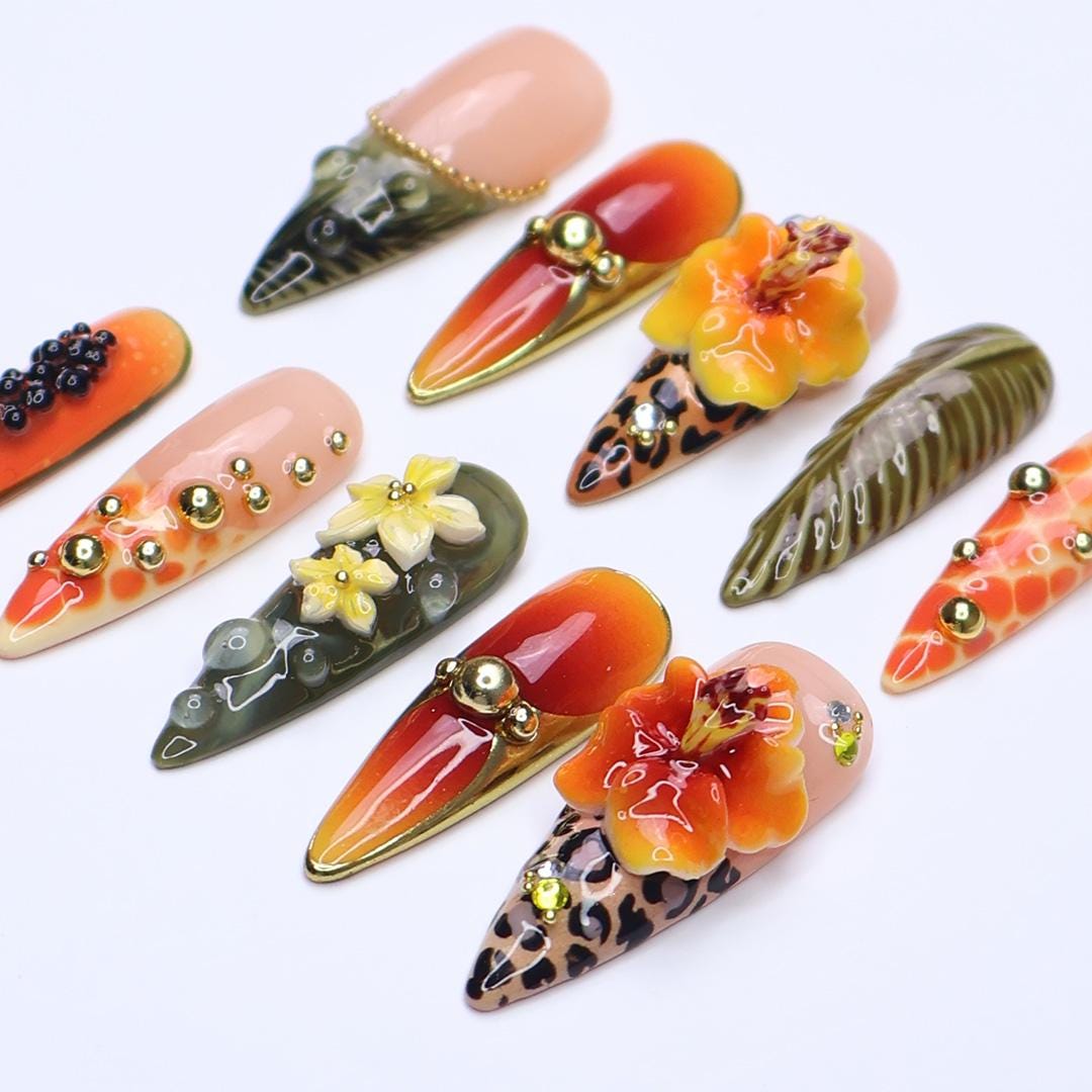 Summer Press on Nail with Papaya & Leopard Animal Print | Long Almond 3D Hibiscus Fake Nail | Handmade Summer Nail for Holiday, Vacation