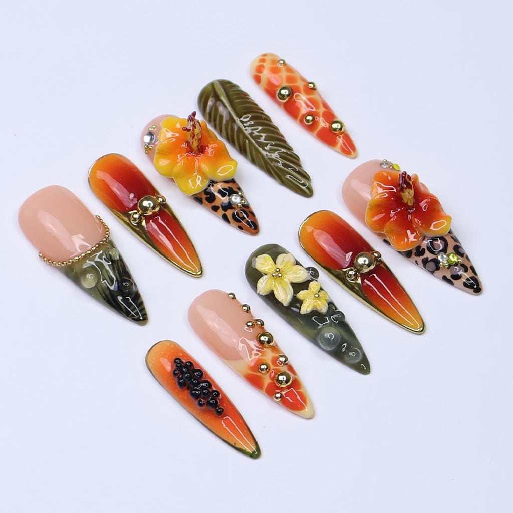 Summer Press on Nail with Papaya & Leopard Animal Print | Long Almond 3D Hibiscus Fake Nail | Handmade Summer Nail for Holiday, Vacation