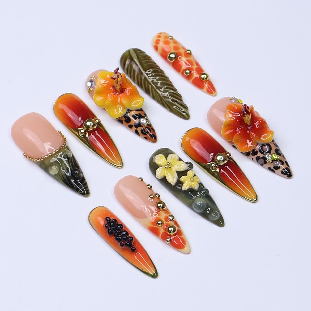 Summer Press on Nail with Papaya & Leopard Animal Print | Long Almond 3D Hibiscus Fake Nail | Handmade Summer Nail for Holiday, Vacation