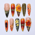 Summer Press on Nail with Papaya & Leopard Animal Print | Long Almond 3D Hibiscus Fake Nail | Handmade Summer Nail for Holiday, Vacation