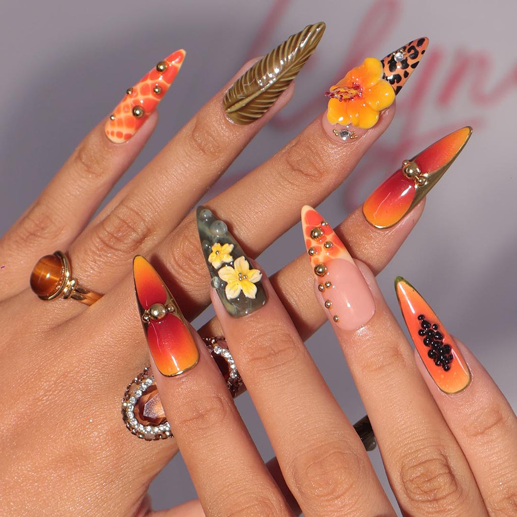 Summer Press on Nail with Papaya & Leopard Animal Print | Long Almond 3D Hibiscus Fake Nail | Handmade Summer Nail for Holiday, Vacation