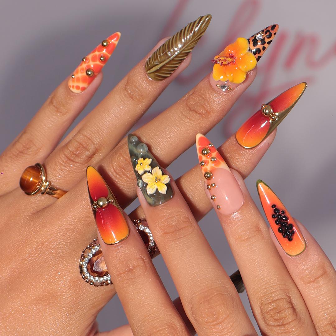 Summer Press on Nail with Papaya & Leopard Animal Print | Long Almond 3D Hibiscus Fake Nail | Handmade Summer Nail for Holiday, Vacation