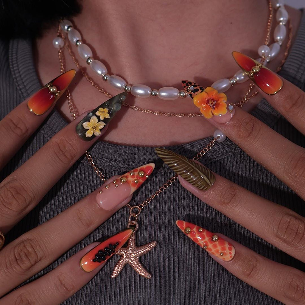 Summer Press on Nail with Papaya & Leopard Animal Print | Long Almond 3D Hibiscus Fake Nail | Handmade Summer Nail for Holiday, Vacation
