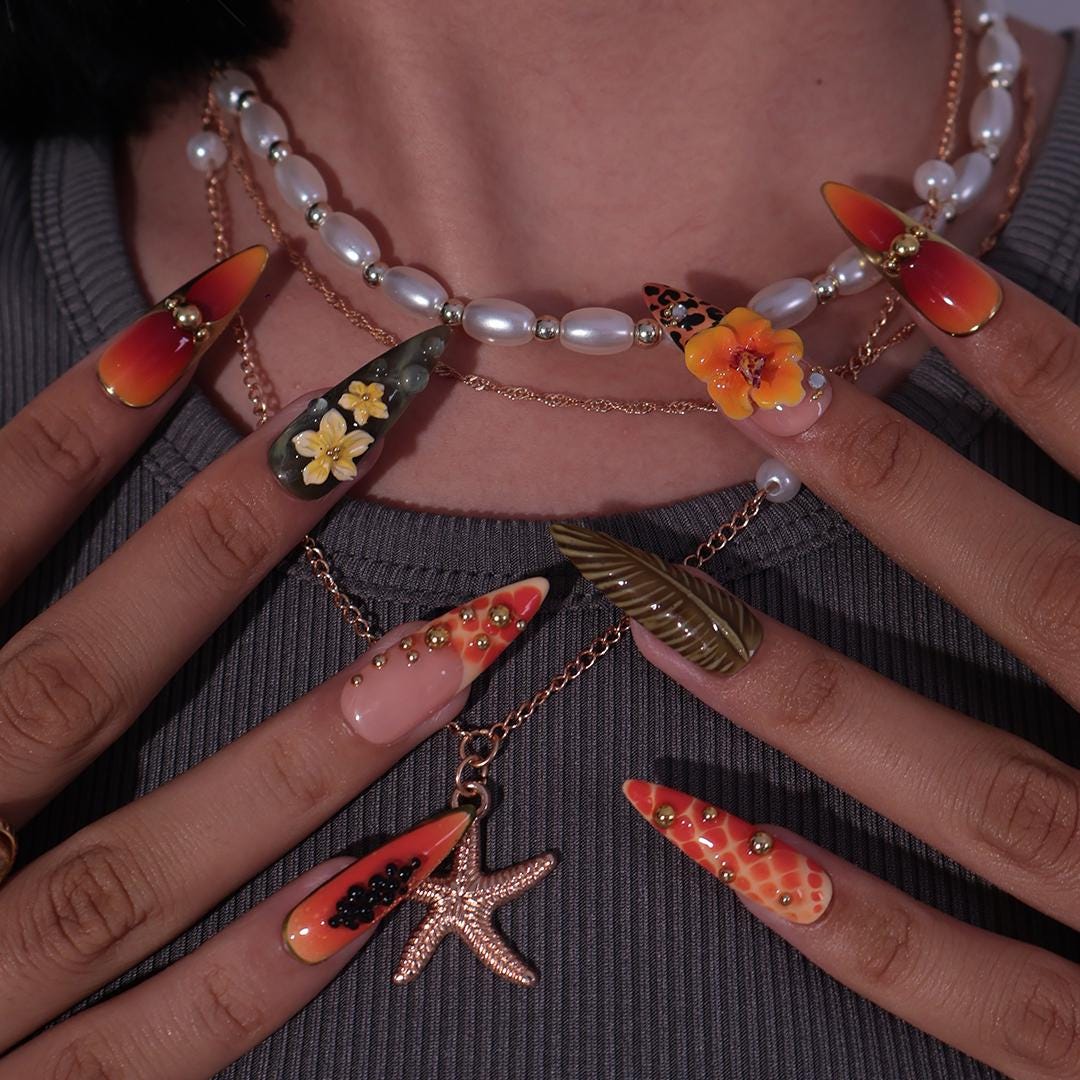 Summer Press on Nail with Papaya & Leopard Animal Print | Long Almond 3D Hibiscus Fake Nail | Handmade Summer Nail for Holiday, Vacation