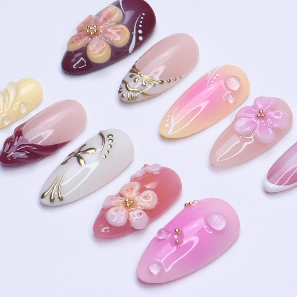 Summer Press On Nails with 3D Flowers and Gold Details, Medium Almond Ombre Pink Fake Nails for Beach Holiday or Vacation Look, Gift for Her