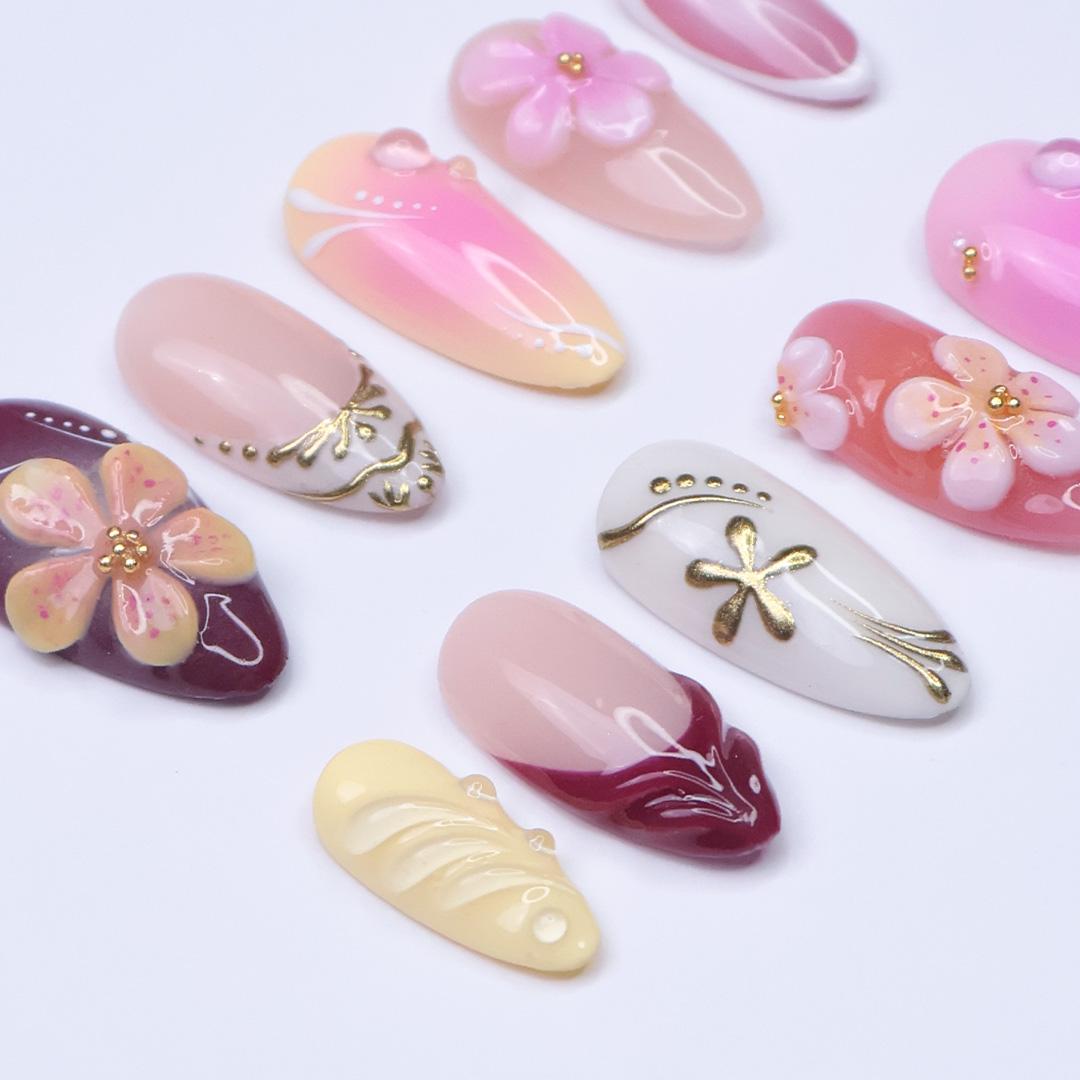 Summer Press On Nails with 3D Flowers and Gold Details, Medium Almond Ombre Pink Fake Nails for Beach Holiday or Vacation Look, Gift for Her