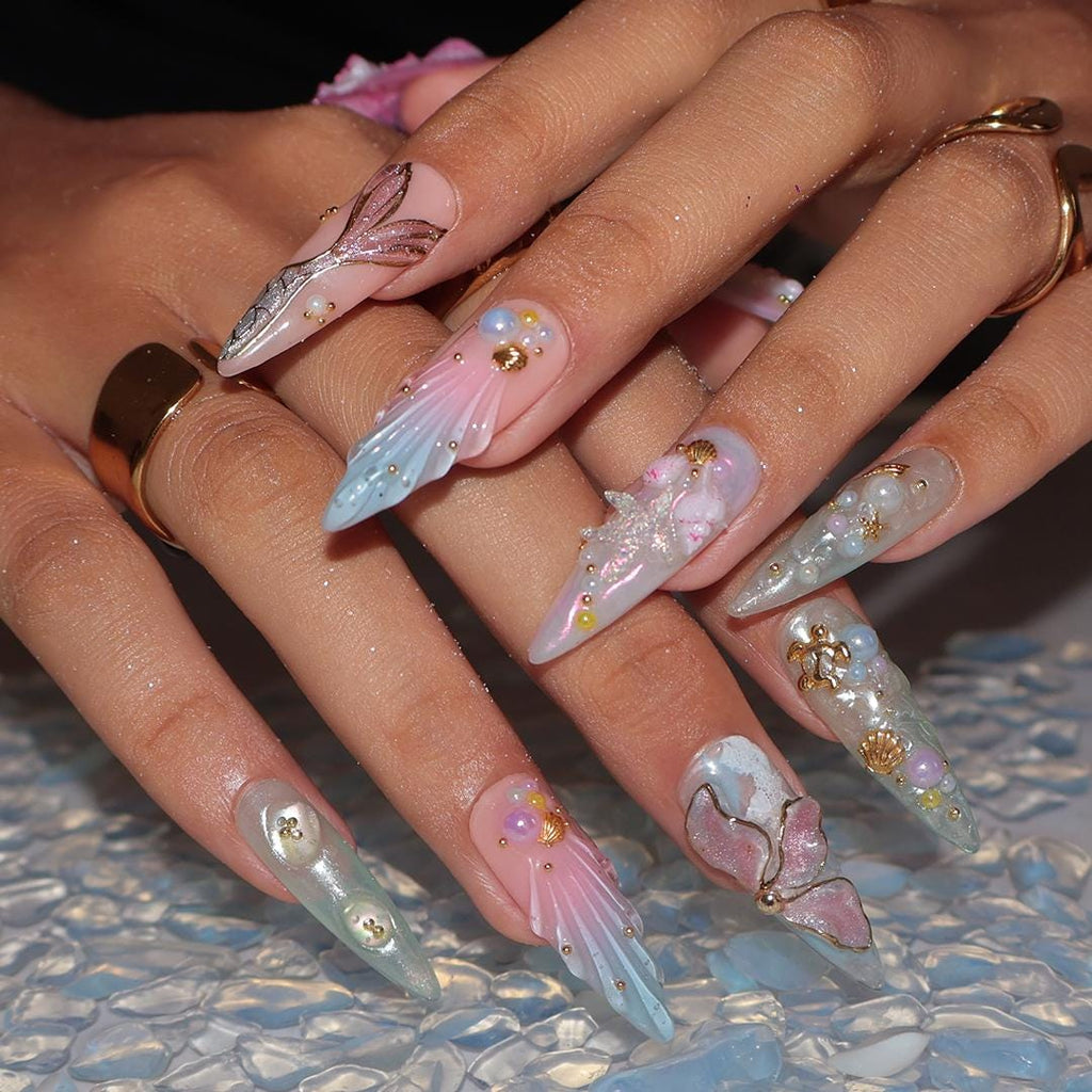 Summer Press on Nail with Mermaid & Jellyfish, 3D Ocean Inspo Fake Nail in Long Almond ,Handmade Beach Nail for Holiday, Vacation, Birthday