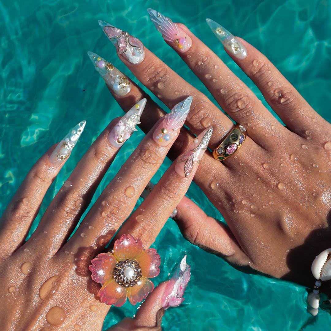 Summer Press on Nail with Mermaid & Jellyfish, 3D Ocean Inspo Fake Nail in Long Almond ,Handmade Beach Nail for Holiday, Vacation, Birthday