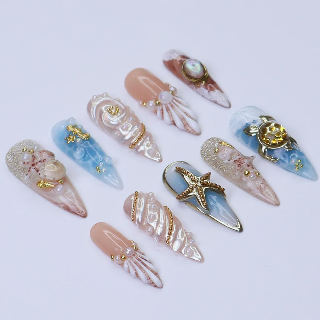 Summer Press on Nail with 3D Turtle & Starfish | Ocean Inspired Fake Nail in Long Almond | Handmade Nail Art for Holiday, Vacation, Birthday