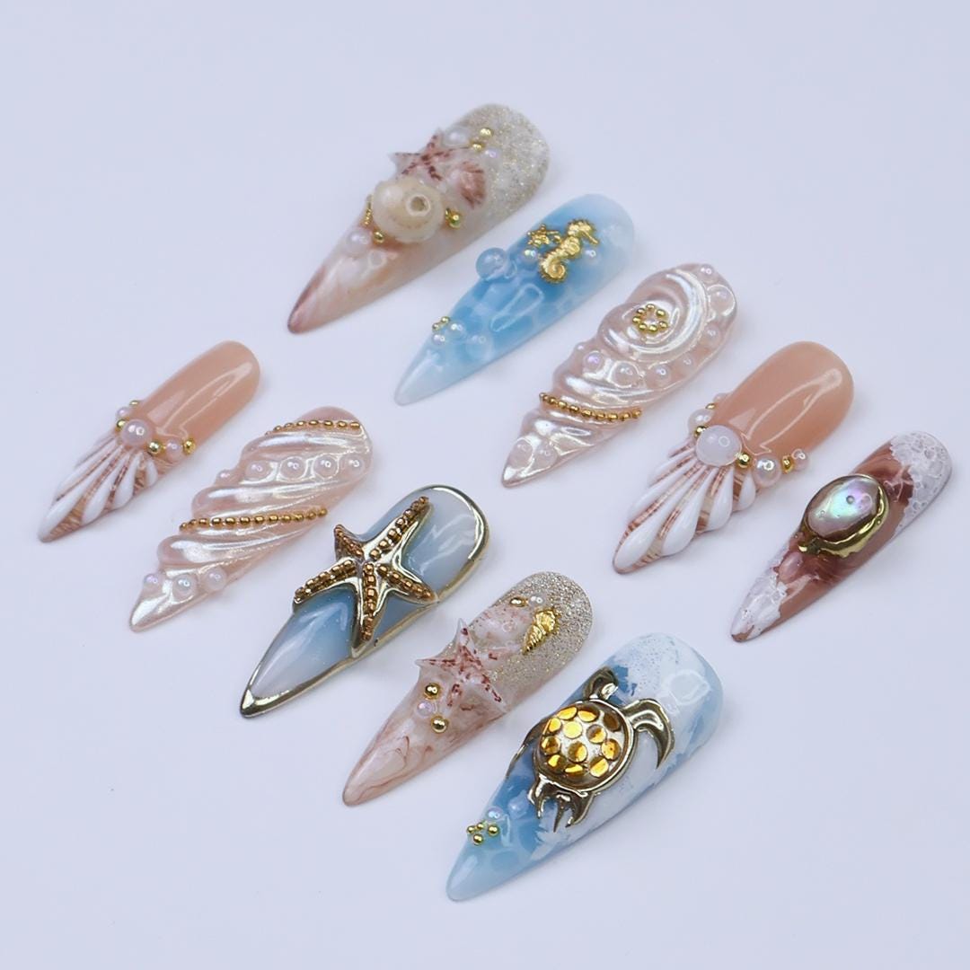 Summer Press on Nail with 3D Turtle & Starfish | Ocean Inspired Fake Nail in Long Almond | Handmade Nail Art for Holiday, Vacation, Birthday