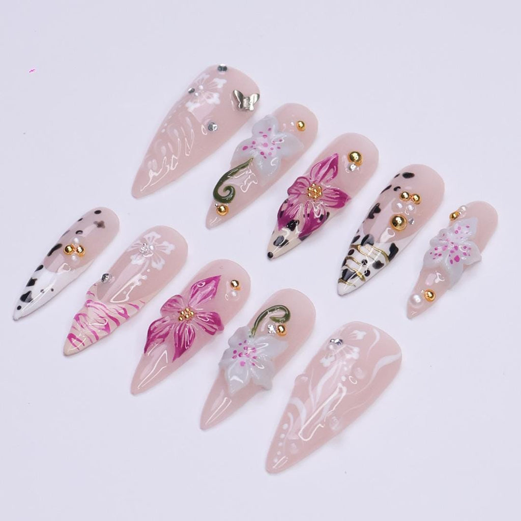 Summer Press on Nails with Orchid & Leopard | 3D Floral Fake Nail Arts in Long Almond | Handmade Nail Art for Holiday, Vacation, Birthday