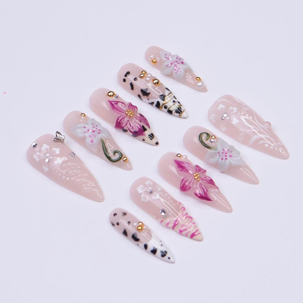 Summer Press on Nails with Orchid & Leopard | 3D Floral Fake Nail Arts in Long Almond | Handmade Nail Art for Holiday, Vacation, Birthday