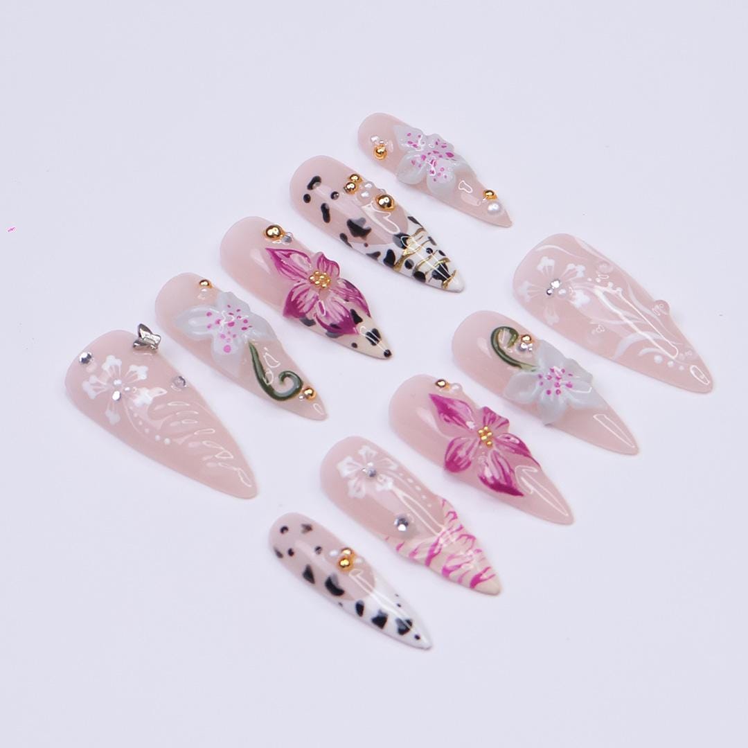 Summer Press on Nails with Orchid & Leopard | 3D Floral Fake Nail Arts in Long Almond | Handmade Nail Art for Holiday, Vacation, Birthday