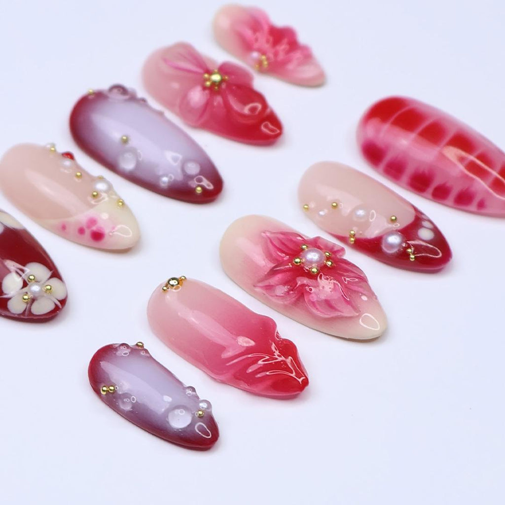Romantic Press On Nails with 3D Floral and Pearl Accents | Medium Almond Red & Blush Pink Nails for Date Night, Wedding or Special Events