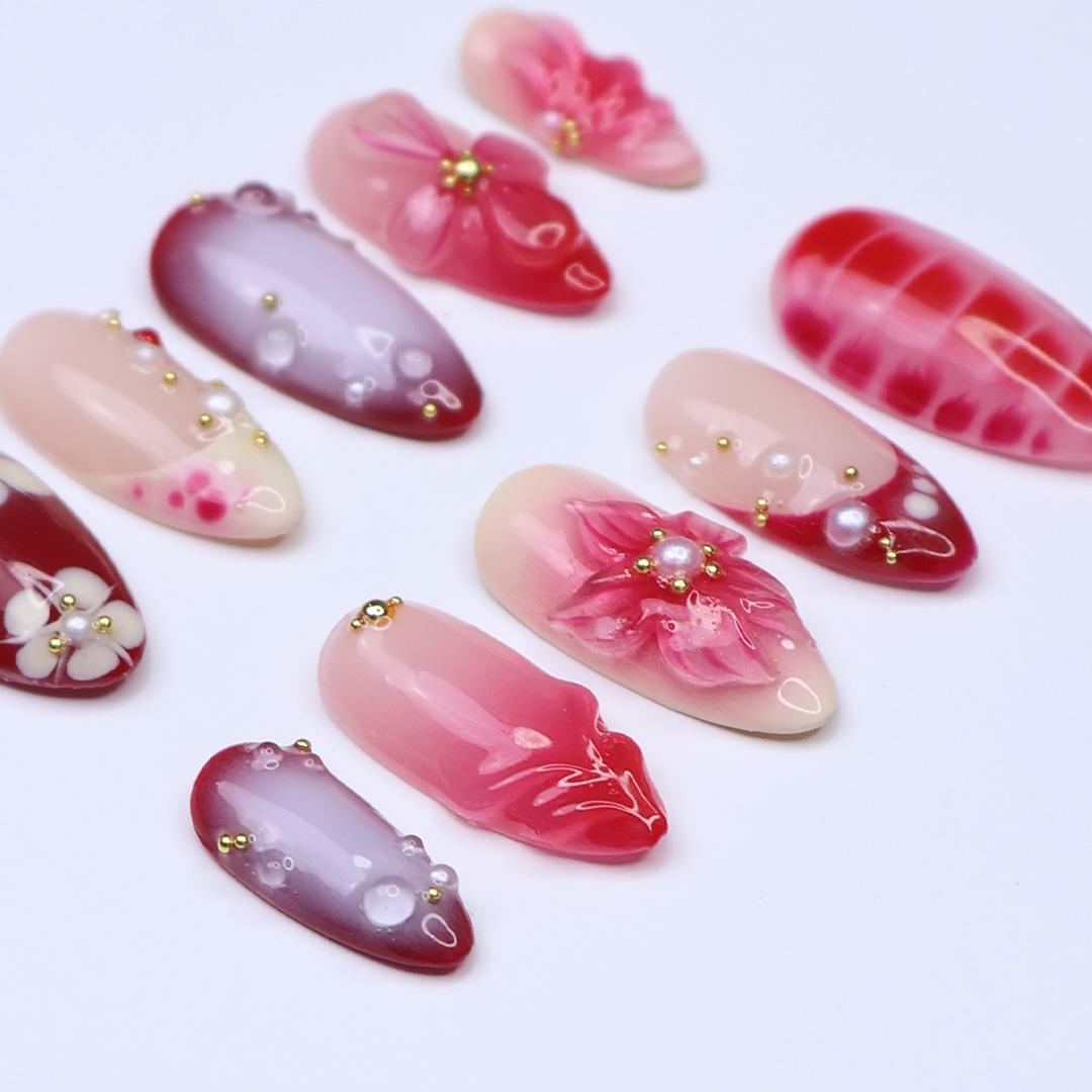 Romantic Press On Nails with 3D Floral and Pearl Accents | Medium Almond Red & Blush Pink Nails for Date Night, Wedding or Special Events