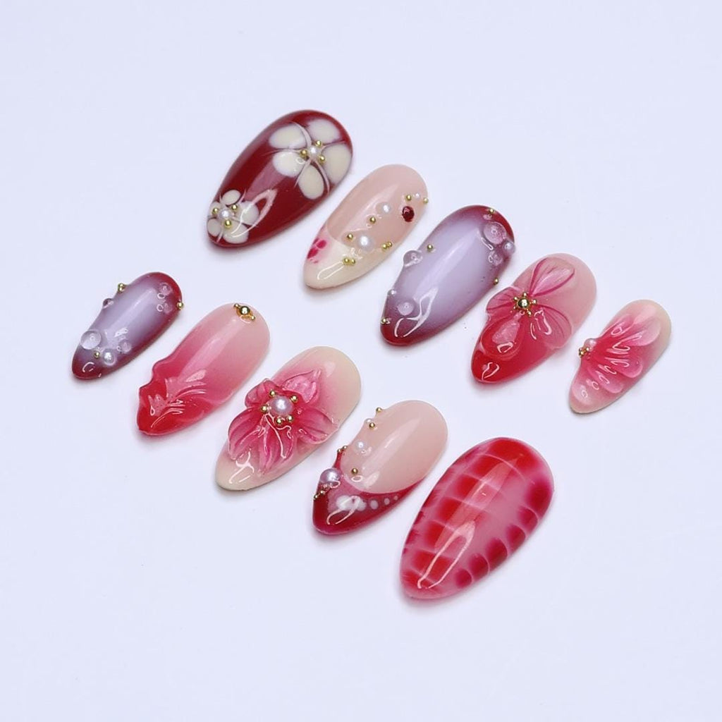 Romantic Press On Nails with 3D Floral and Pearl Accents | Medium Almond Red & Blush Pink Nails for Date Night, Wedding or Special Events