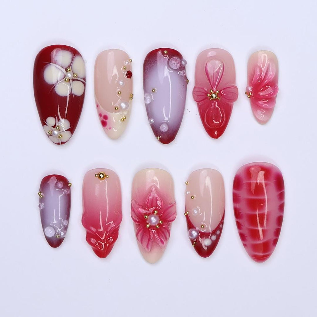 Romantic Press On Nails with 3D Floral and Pearl Accents | Medium Almond Red & Blush Pink Nails for Date Night, Wedding or Special Events