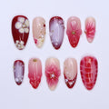 Romantic Press On Nails with 3D Floral and Pearl Accents | Medium Almond Red & Blush Pink Nails for Date Night, Wedding or Special Events