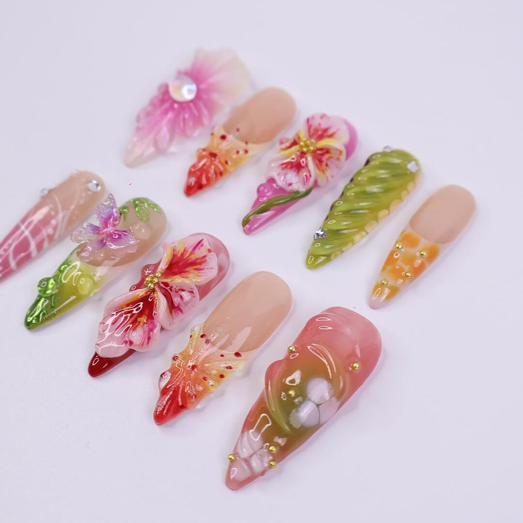 Serect Garden Long Almond Press On Nail, Trending 3d Flower Design Nail Art,Fake/Flase Nail for Birthday Holiday Vacation Nail