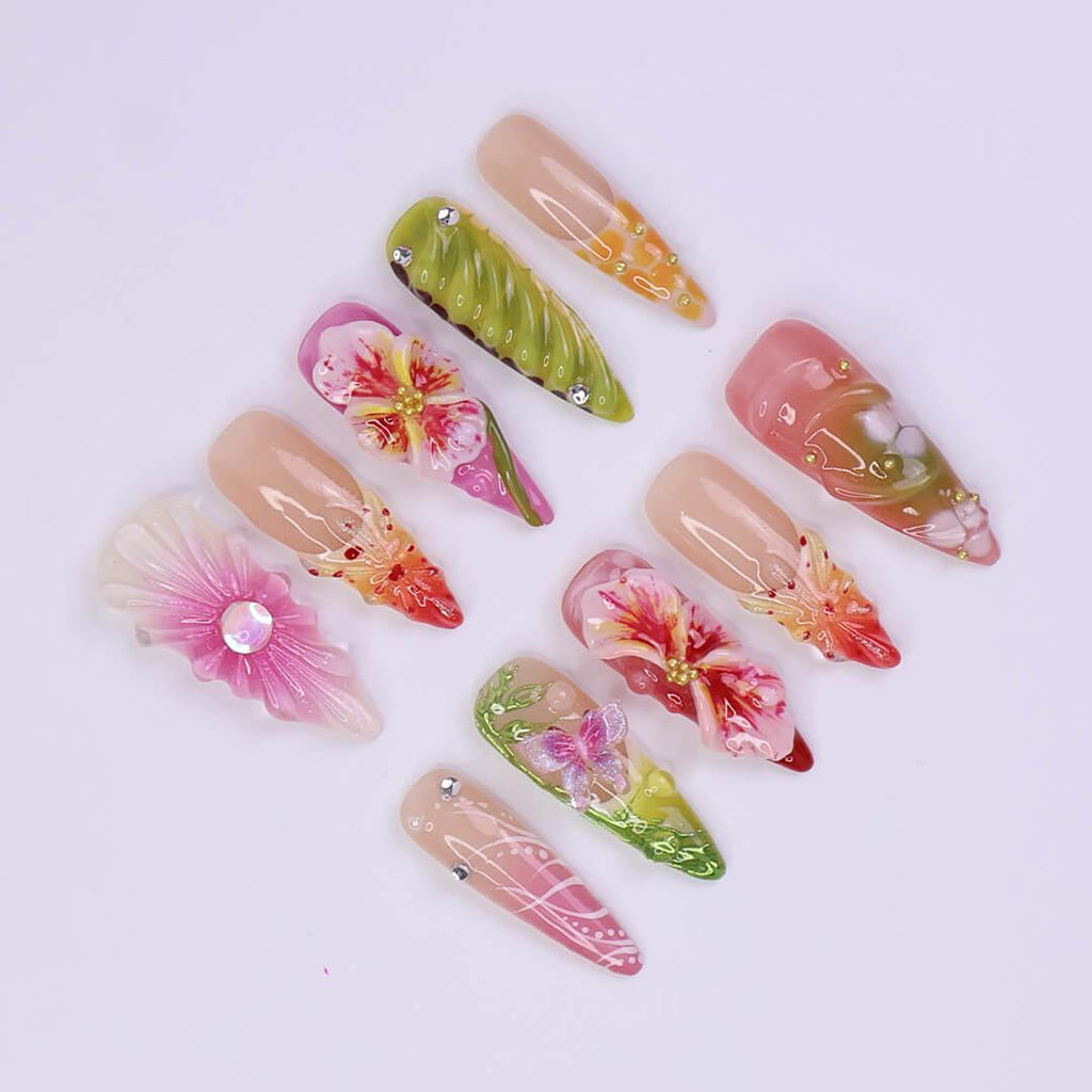 Serect Garden Long Almond Press On Nail, Trending 3d Flower Design Nail Art,Fake/Flase Nail for Birthday Holiday Vacation Nail