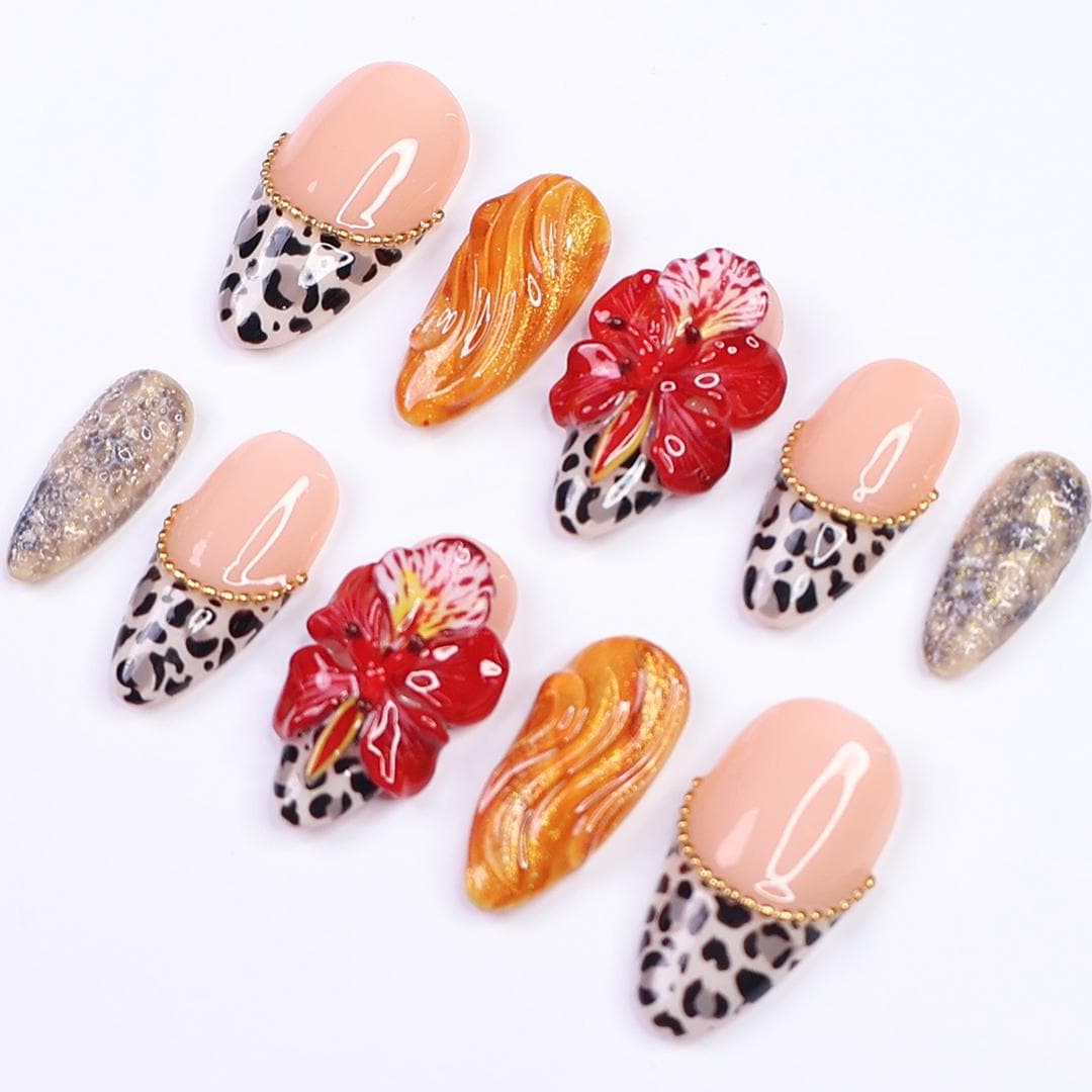 Tropical Press on Nails with Hibiscus & Leopard Tips | 3D Exotic Fake Nails in Medium Almond | Handmade Nail Art for Party, Vacation, Gift