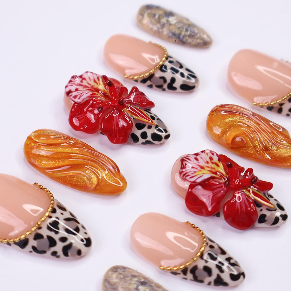 Tropical Press on Nails with Hibiscus & Leopard Tips | 3D Exotic Fake Nails in Medium Almond | Handmade Nail Art for Party, Vacation, Gift