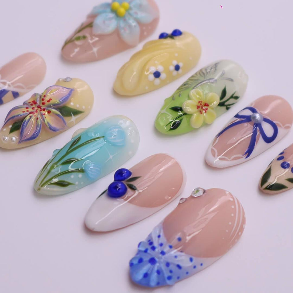 Spring Press on Nails with Pastel Flower & Blue Bow | 3D Botanical Fake Nail in Medium Almond | Handmade Nail Art for Holiday, Wedding, Gift