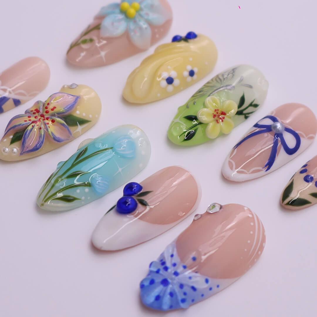 Spring Press on Nails with Pastel Flower & Blue Bow | 3D Botanical Fake Nail in Medium Almond | Handmade Nail Art for Holiday, Wedding, Gift