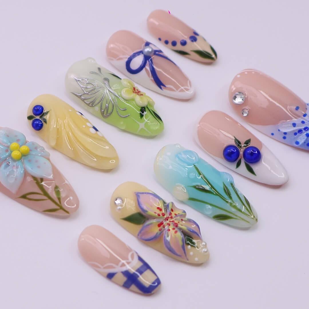 Spring Press on Nails with Pastel Flower & Blue Bow | 3D Botanical Fake Nail in Medium Almond | Handmade Nail Art for Holiday, Wedding, Gift