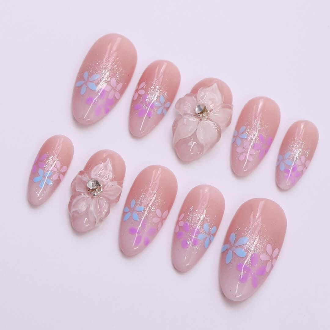 Romantic Press on Nails with Pastel Flowers & 3D White Blooms | Handmade Fake Nails in Medium Almond | Nail Art for Holiday, Birthday, Trip
