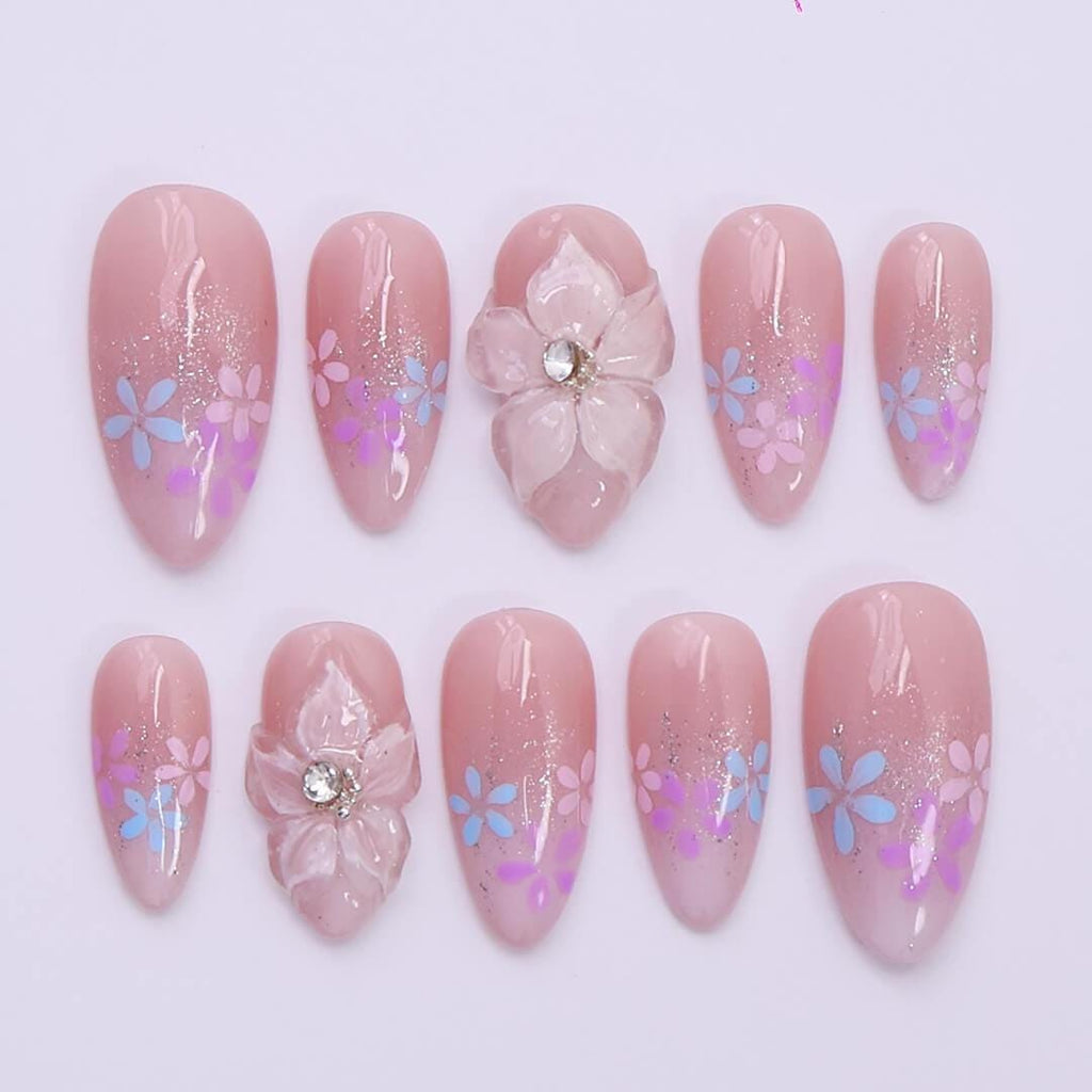 Romantic Press on Nails with Pastel Flowers & 3D White Blooms | Handmade Fake Nails in Medium Almond | Nail Art for Holiday, Birthday, Trip