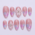 Romantic Press on Nails with Pastel Flowers & 3D White Blooms | Handmade Fake Nails in Medium Almond | Nail Art for Holiday, Birthday, Trip