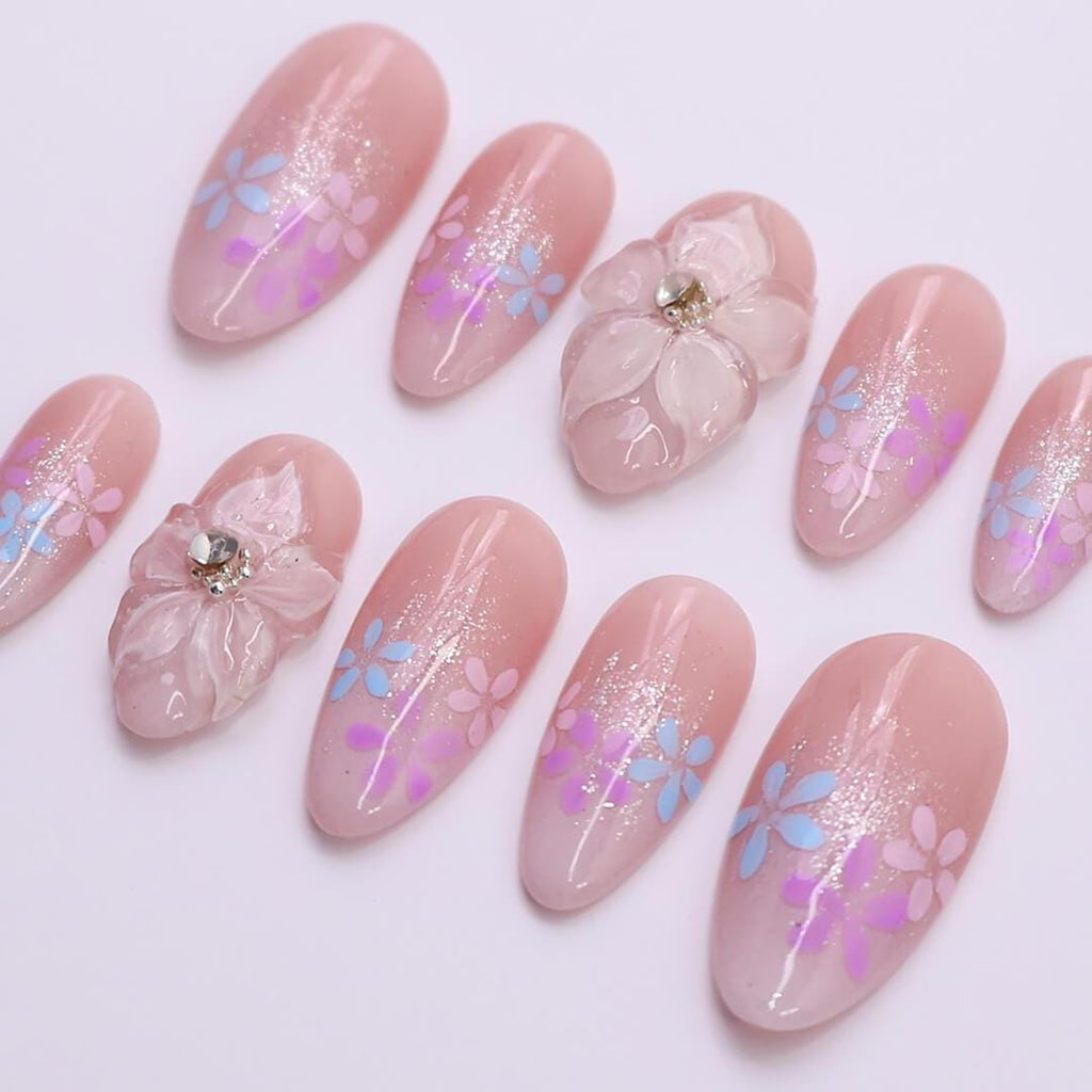 Romantic Press on Nails with Pastel Flowers & 3D White Blooms | Handmade Fake Nails in Medium Almond | Nail Art for Holiday, Birthday, Trip