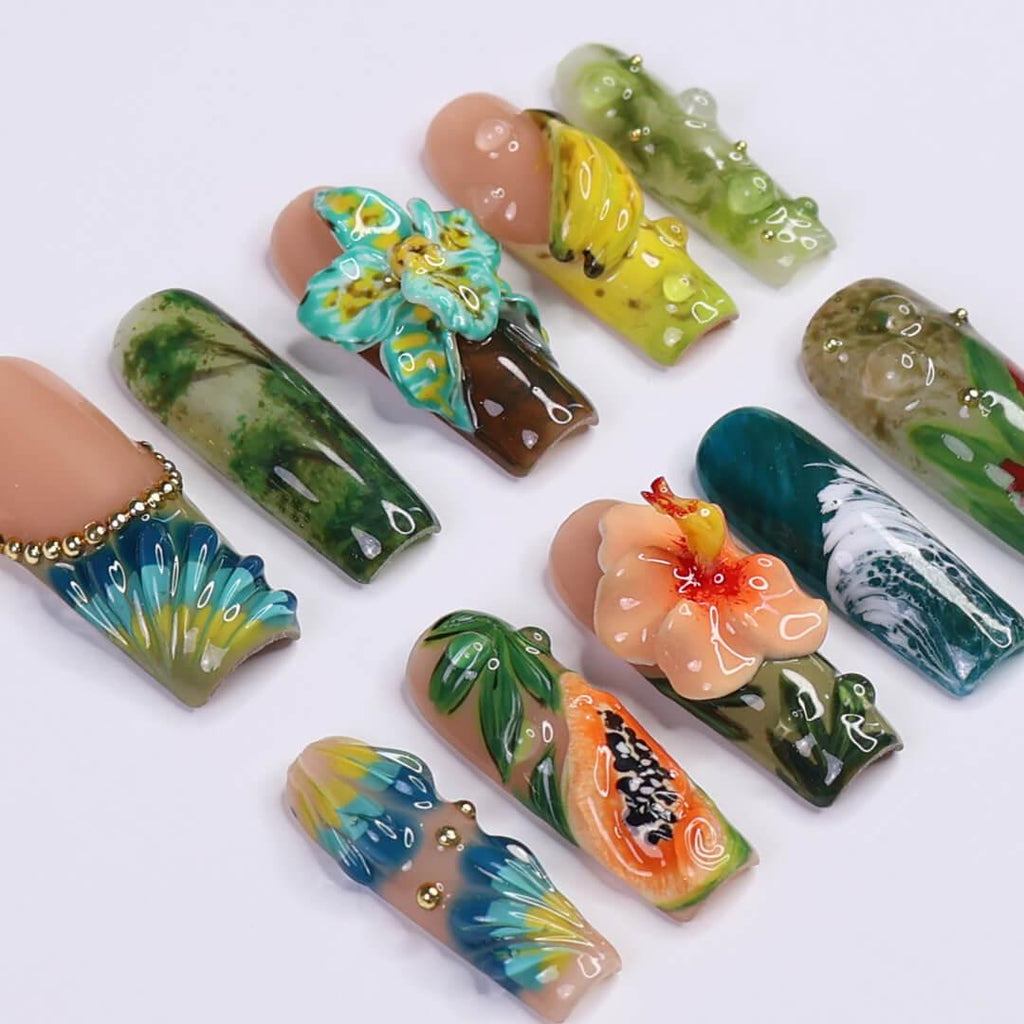Tropical Press on Nails with Papaya, Banana | 3D Floral Fake Nails in Long Square | Jungle-Inspired Handmade Nail Art for Summer, Vacation