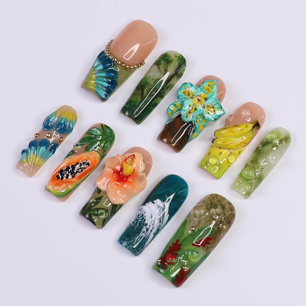 Tropical Press on Nails with Papaya, Banana | 3D Floral Fake Nails in Long Square | Jungle-Inspired Handmade Nail Art for Summer, Vacation