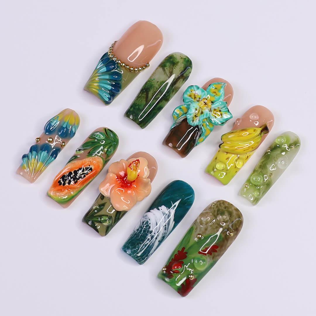 Tropical Press on Nails with Papaya, Banana | 3D Floral Fake Nails in Long Square | Jungle-Inspired Handmade Nail Art for Summer, Vacation