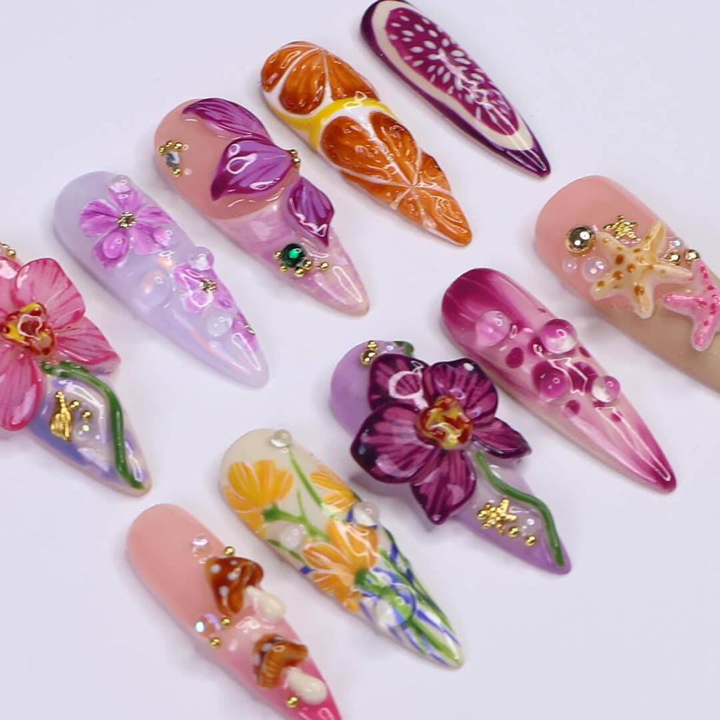 Summer Press on Nails with Orchid, Fruit & Starfish | 3D Fake Nails in Long Almond | Whimsical Handmade Nail Art for Summer, Vacation, Party