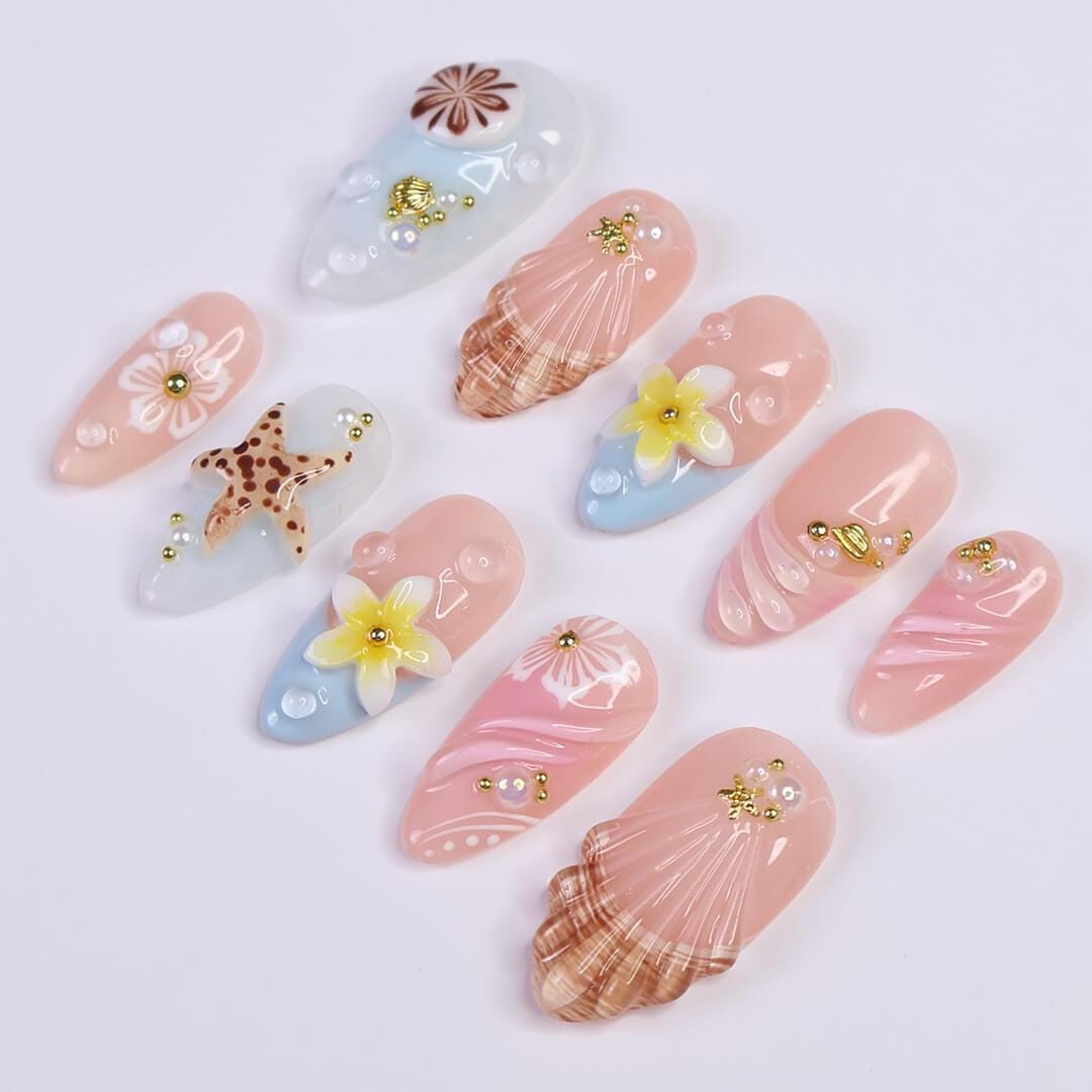 Summer Press on Nails with Starfish & Plumeria | 3D Fake Nails in Medium Almond | Handmade Ocean Nail Art for Vacation, Holiday, Birthday