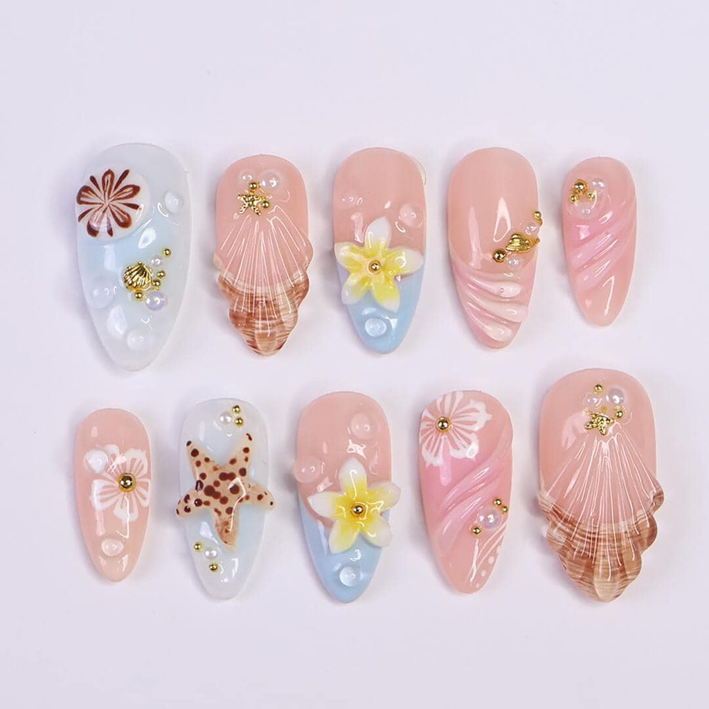Summer Press on Nails with Starfish & Plumeria | 3D Fake Nails in Medium Almond | Handmade Ocean Nail Art for Vacation, Holiday, Birthday