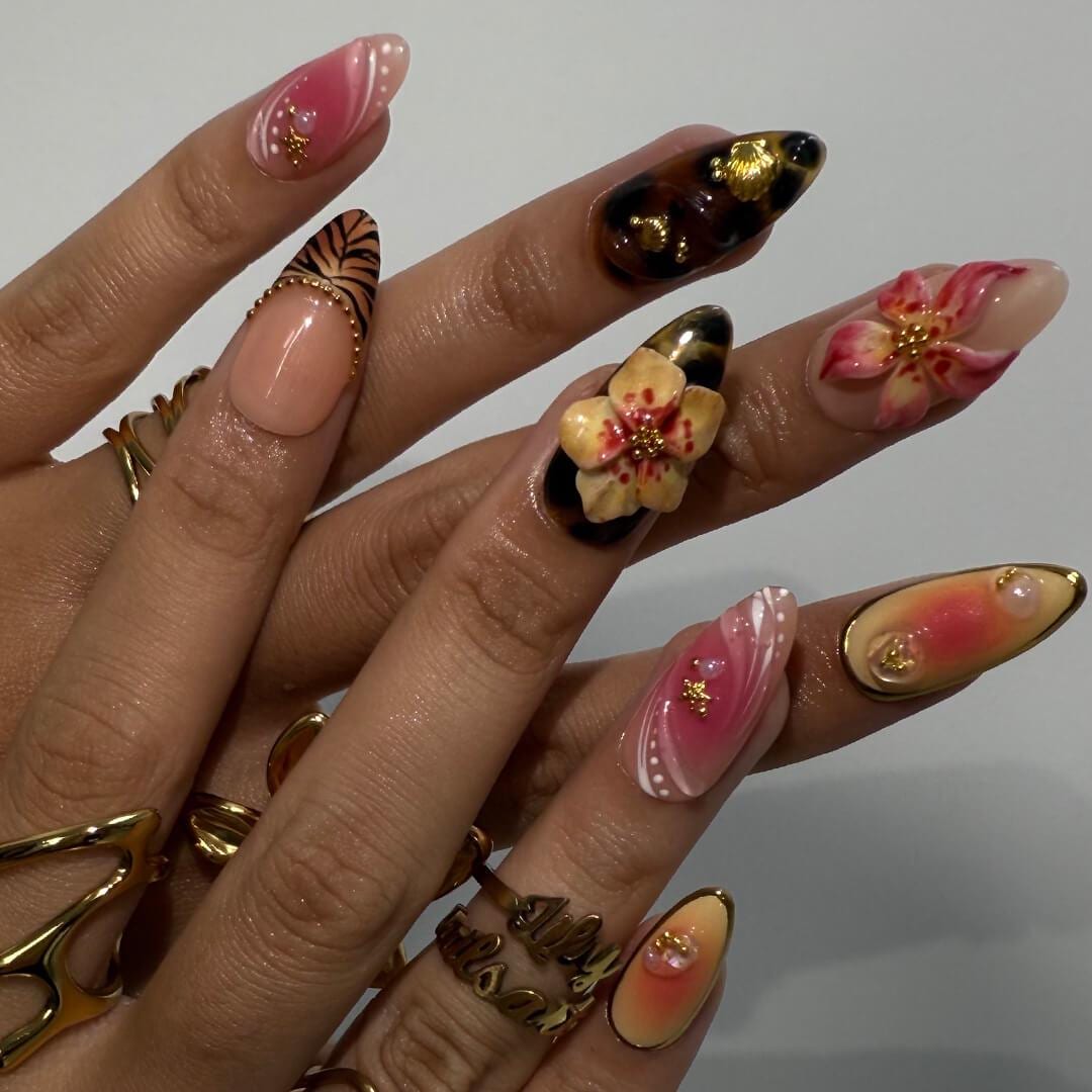 Summer Press on Nails with Sun & Gold Detail | 3D Floral Fake Nails in Medium Almond | Handmade Ocean Nail Art for Holiday, Vacation, Party