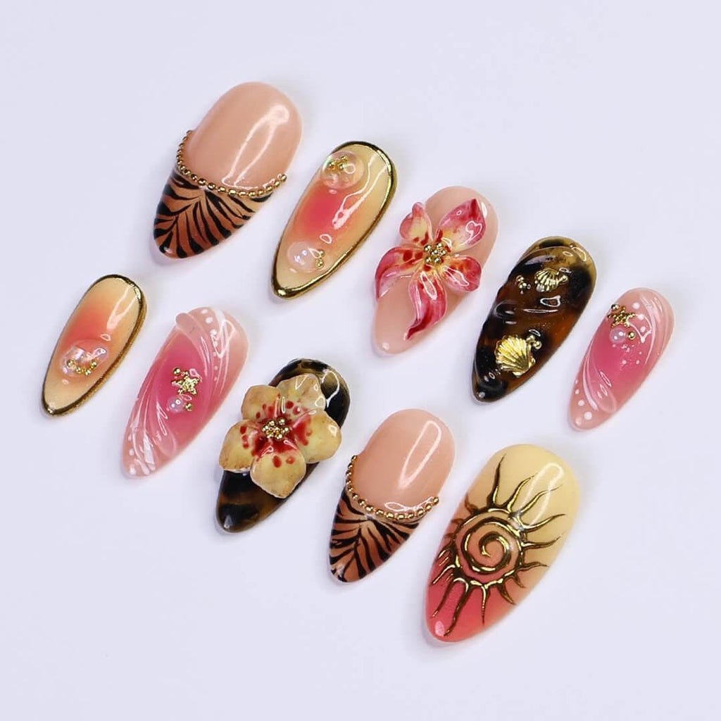 Summer Press on Nails with Sun & Gold Detail | 3D Floral Fake Nails in Medium Almond | Handmade Ocean Nail Art for Holiday, Vacation, Party