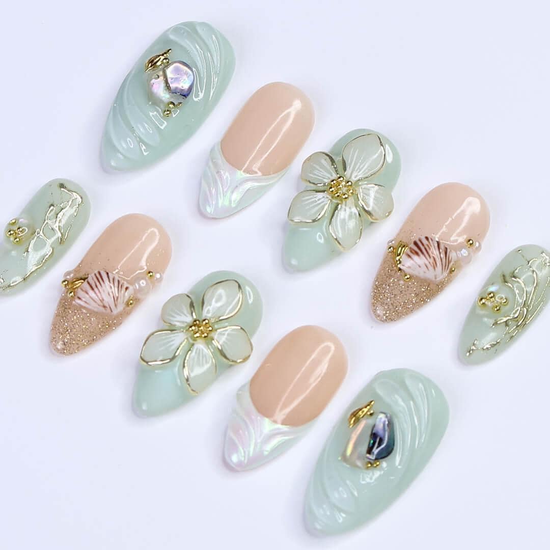 Summer Press on Nails with Mint Green Flower & Shell | 3D Fake Nails in Medium Almond | Handmade Ocean Nail Art for Holiday, Vacation, Party