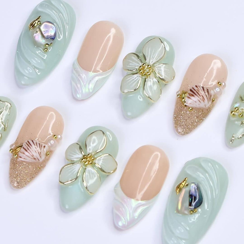 Summer Press on Nails with Mint Green Flower & Shell | 3D Fake Nails in Medium Almond | Handmade Ocean Nail Art for Holiday, Vacation, Party