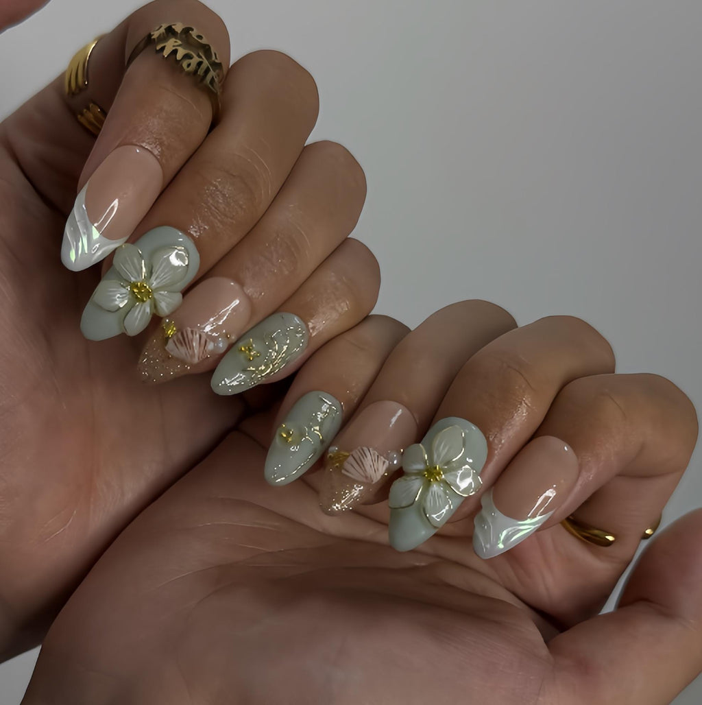Summer Press on Nails with Mint Green Flower & Shell | 3D Fake Nails in Medium Almond | Handmade Ocean Nail Art for Holiday, Vacation, Party