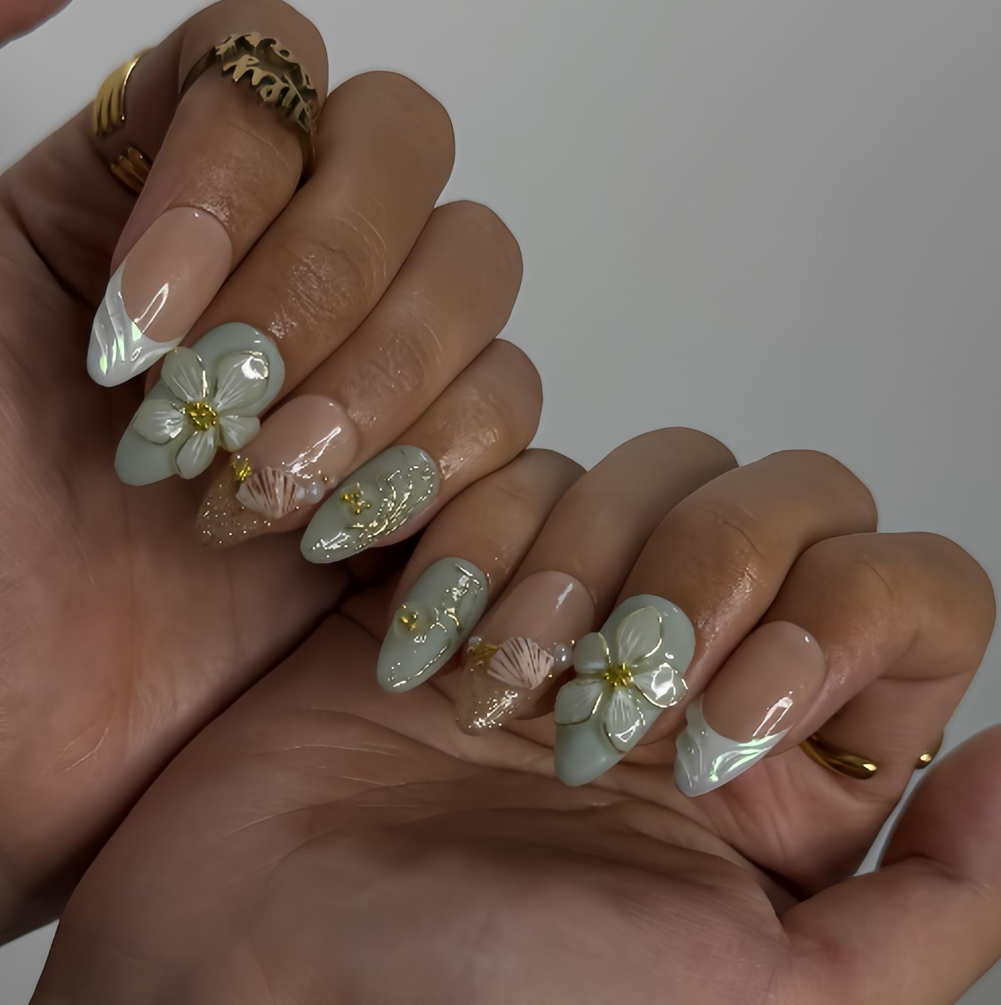 Summer Press on Nails with Mint Green Flower & Shell | 3D Fake Nails in Medium Almond | Handmade Ocean Nail Art for Holiday, Vacation, Party