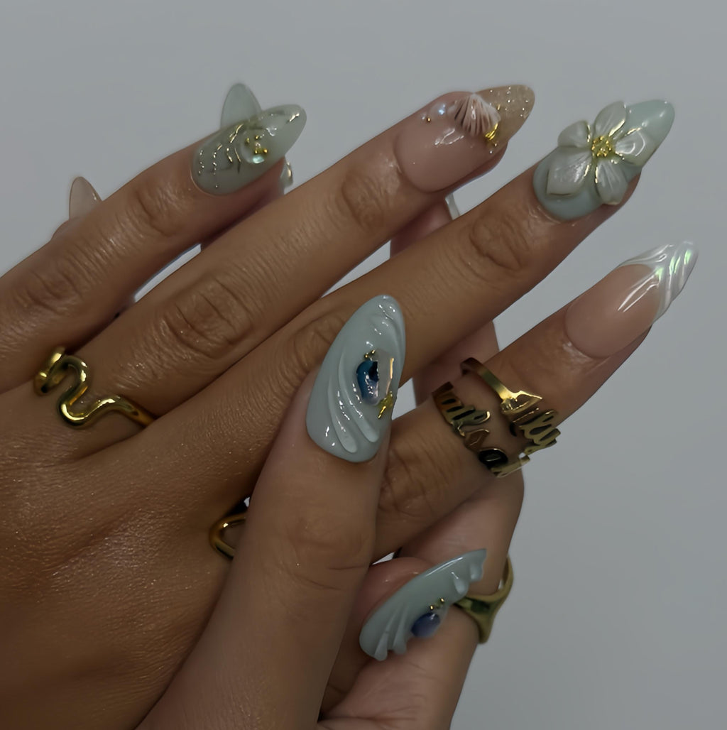 Summer Press on Nails with Mint Green Flower & Shell | 3D Fake Nails in Medium Almond | Handmade Ocean Nail Art for Holiday, Vacation, Party